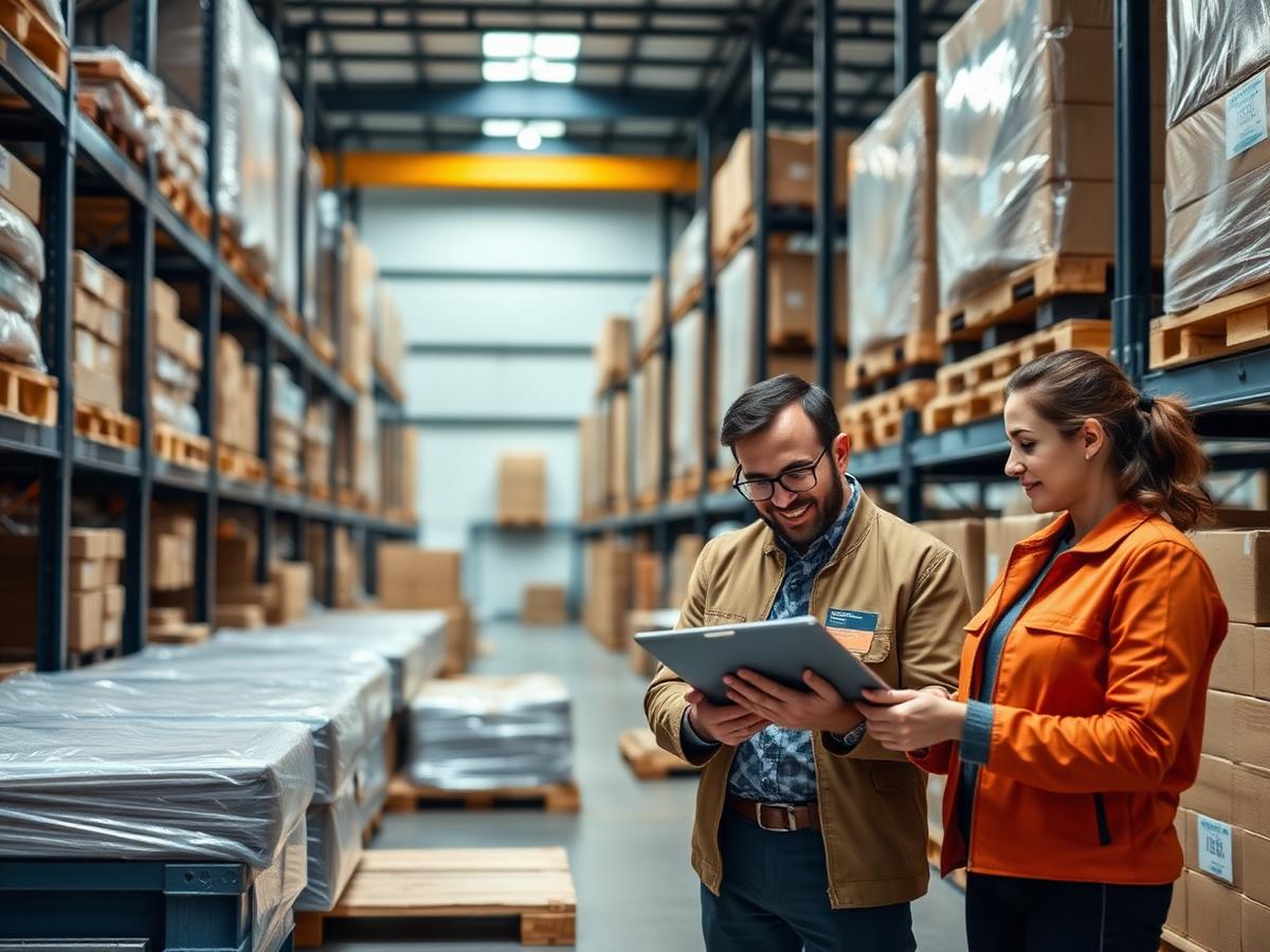 Procurement team reviewing inventory in a modern warehouse